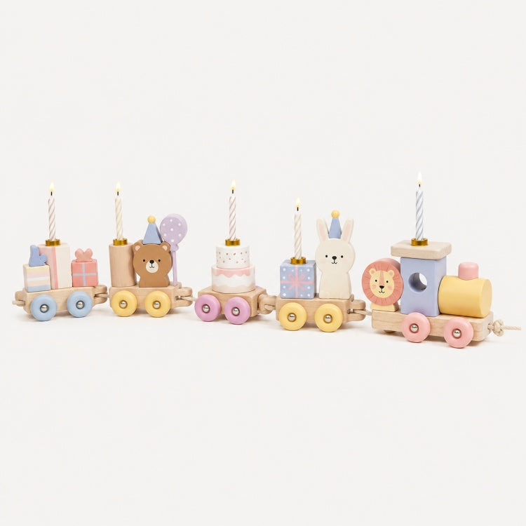 Macaron Animal Birthday Cake Wooden Pull-Along Train Toy