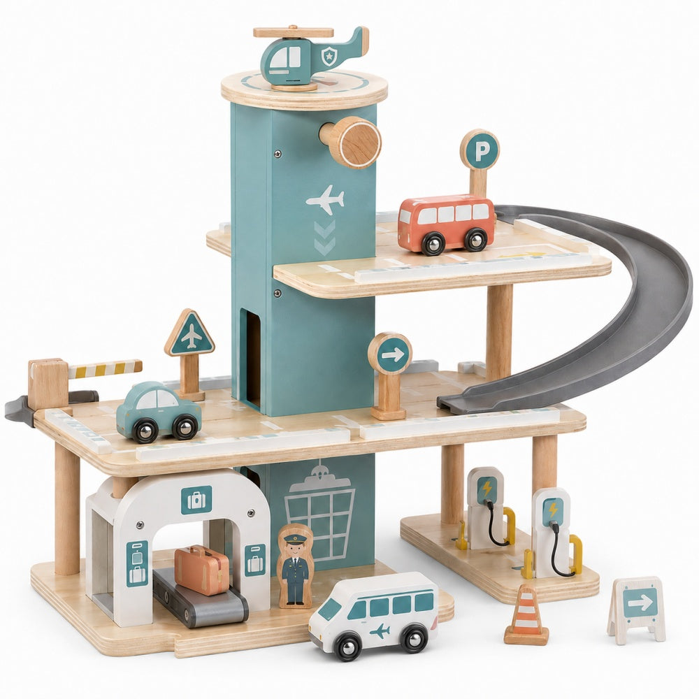 Wooden Harbor Parking Garage Playset with Curved Ramp & Ferry Terminal