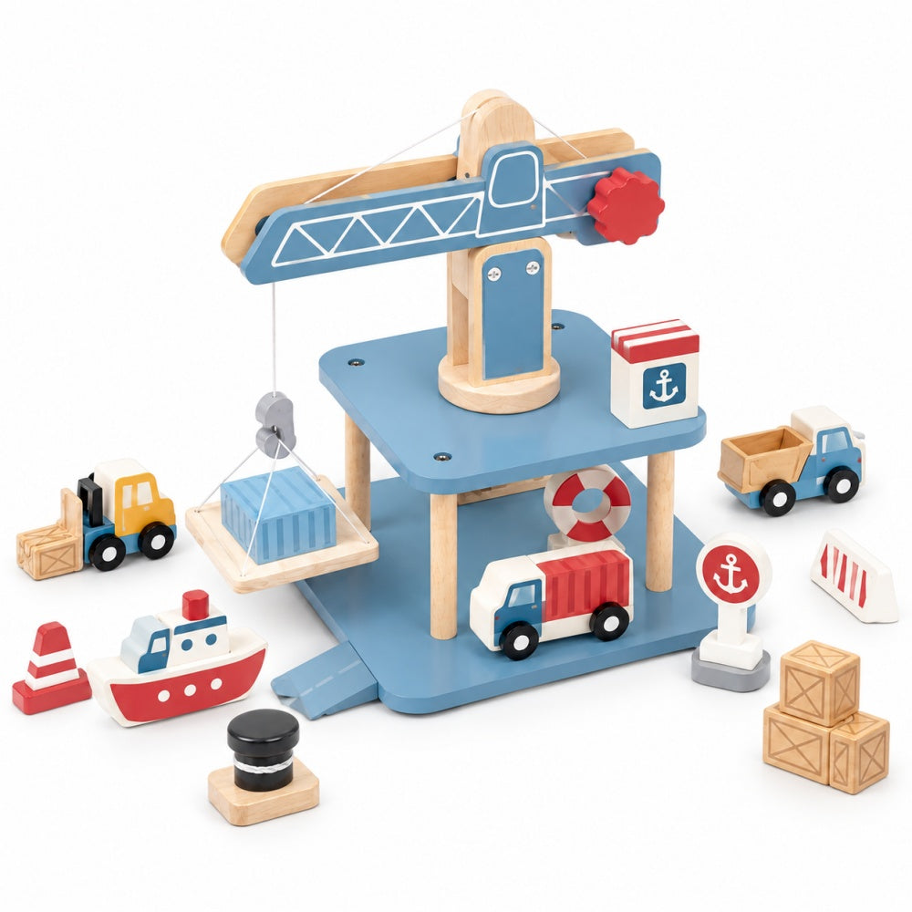 Wooden Harbor Crane Playset with Trucks, Forklift & Boat