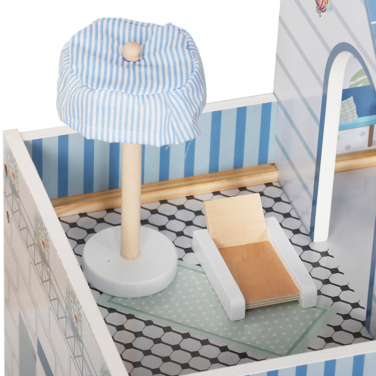 Wholesale 3-Story Blue Roof Wooden Dollhouse Playset