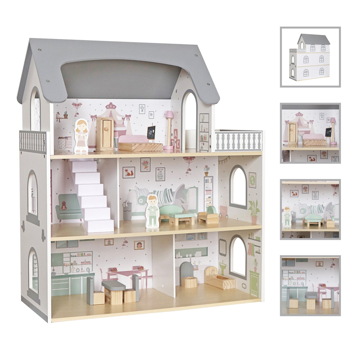 Wooden Dream Playhouse for Girls with Balcony,Doll House for Kids with Furniture