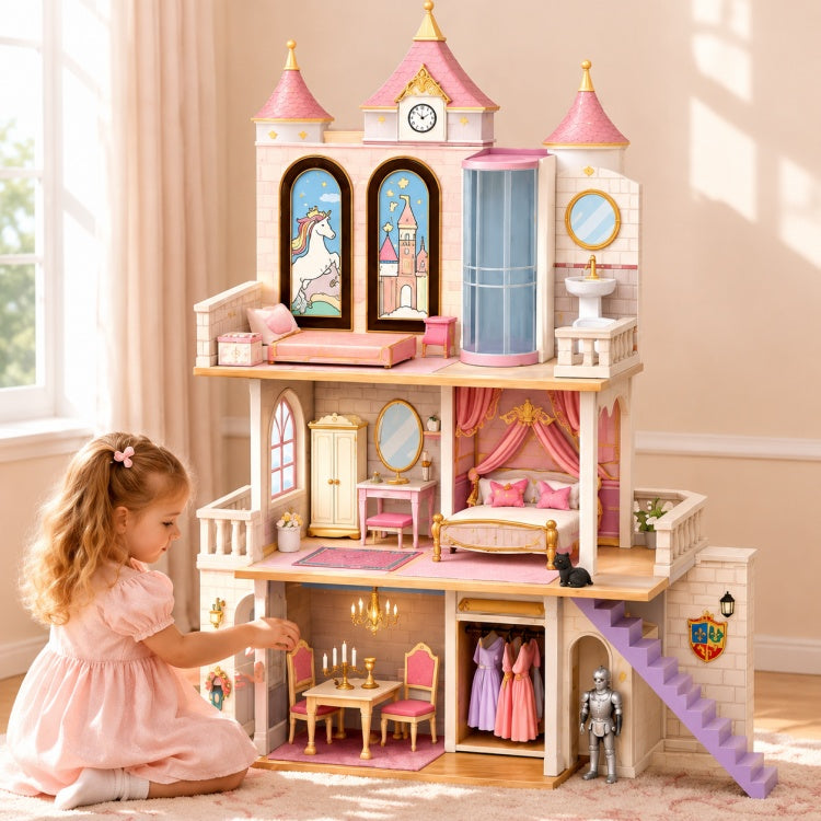 Pink Princess Castle Wooden Dollhouse for Girls