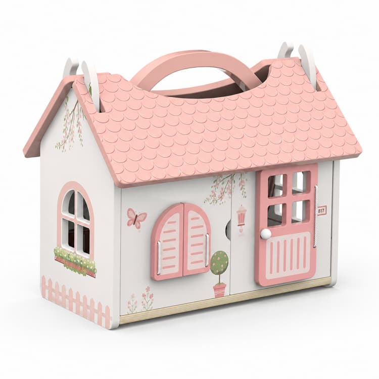 Pink Two-Story Mini Wooden Dollhouse Toy with Furniture
