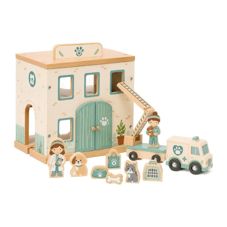 Wooden Vet Clinic Playset for Kids – Animal Hospital & Pet Rescue Toy Set