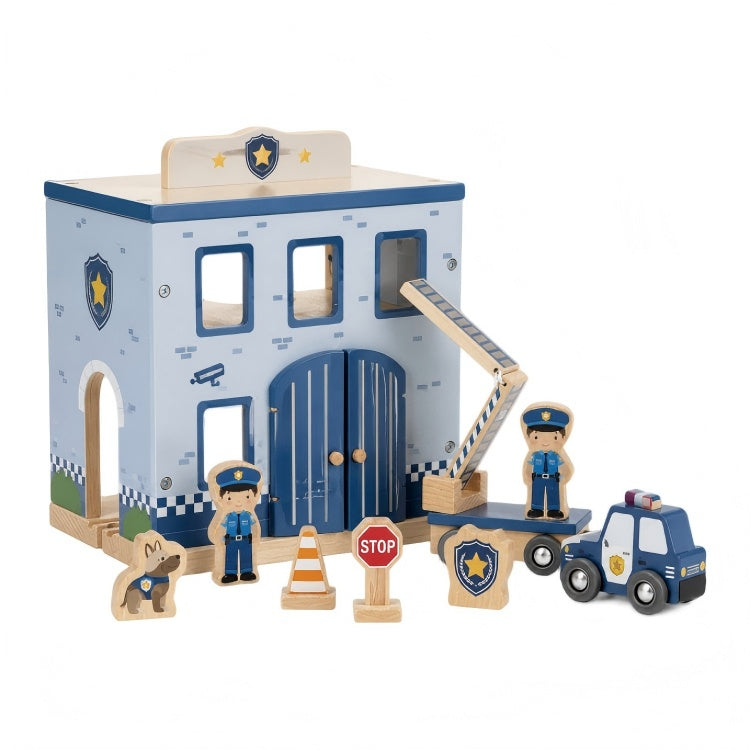 Wooden Police Station Playset for Kids – Police Car Pretend Play Set