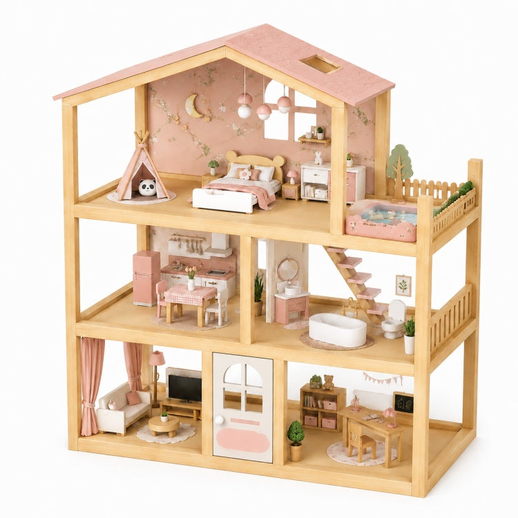 Large Modern Wooden Dollhouse for Kids – 3-Story Furnished Family Play House