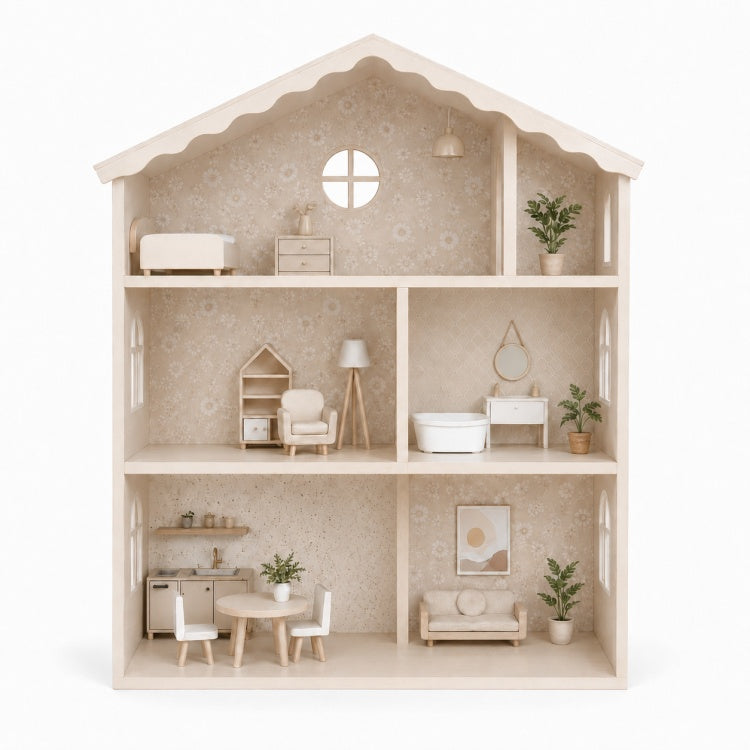 Neutral Wooden Dollhouse for Kids – 3-Story Furnished Scandinavian Pretend Play House