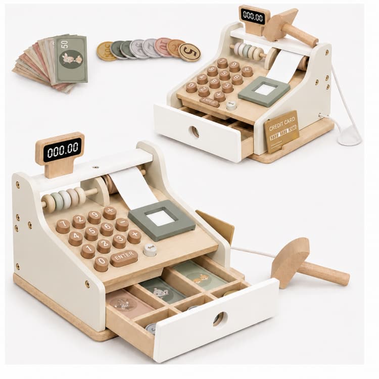 Green Wooden Pretend Play Cash Register Toy with Play Money & Scanner