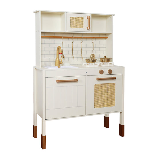 Custom Montessori Vintage Wooden Play Kitchen with Rattan & Gold Accents