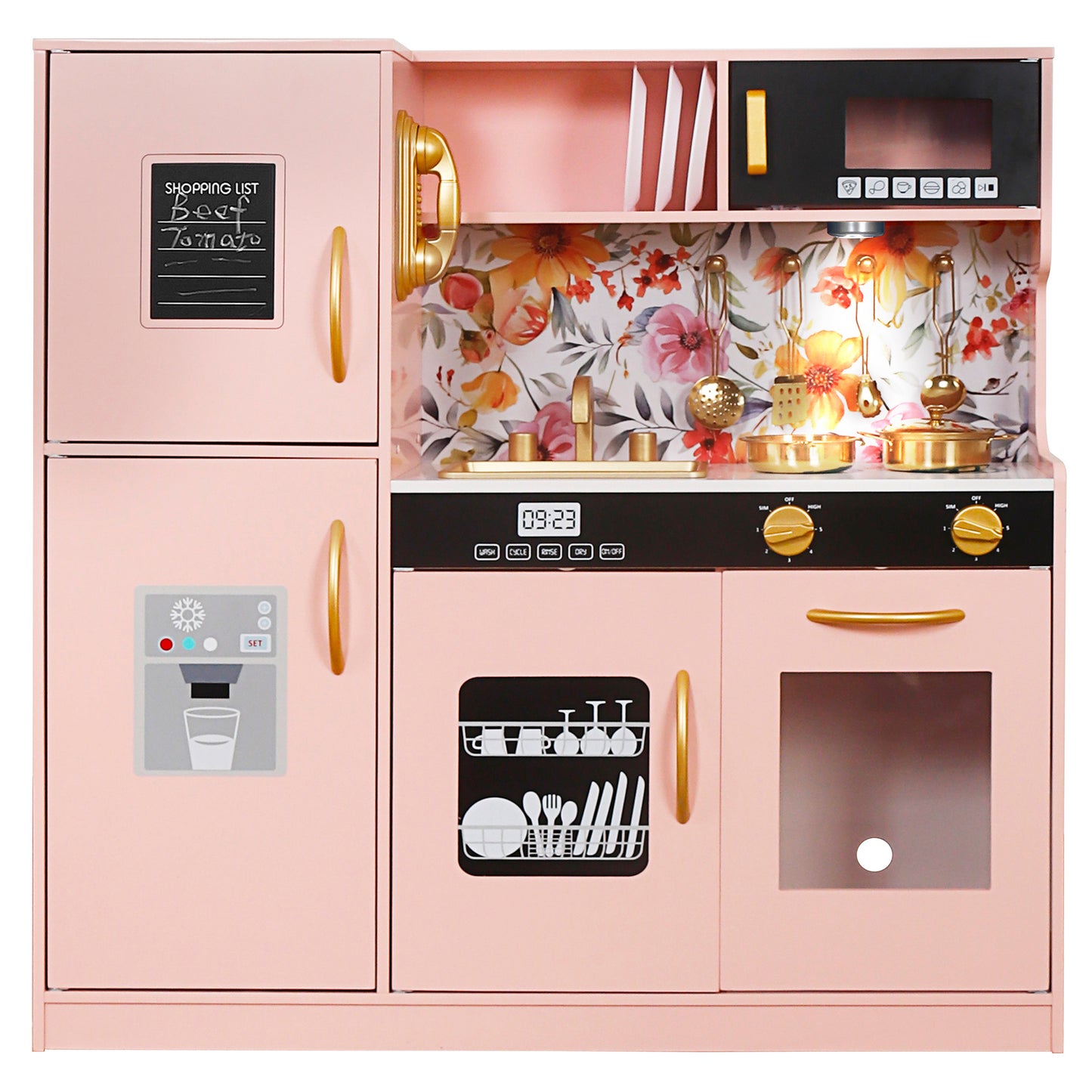 Custom Wooden Play Kitchen Manufacturer – Pink Floral Kids Kitchen Set OEM Supplier