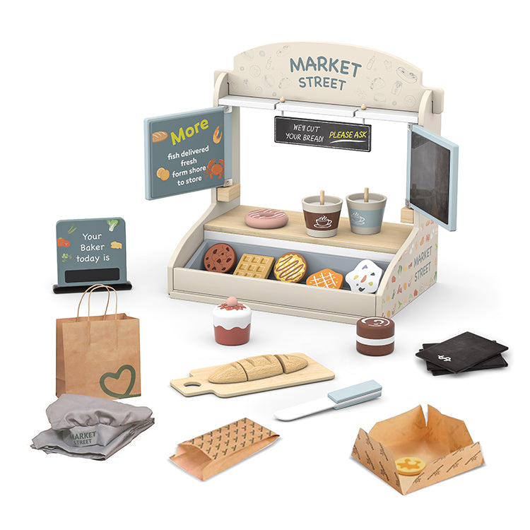 Wholesale Kids Wooden Bakery Market Stand Playset, OEM Available