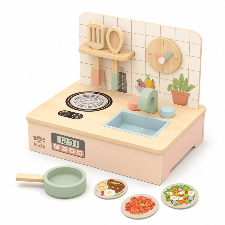 Wooden Play Kitchen for Toddlers – Compact Pretend Cooking Set with Sink & Stove