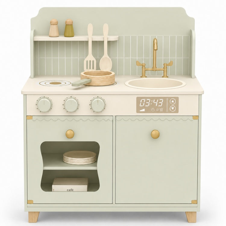 Sage Green Wooden Play Kitchen for Kids – Pretend Cooking Set with Sink & Oven