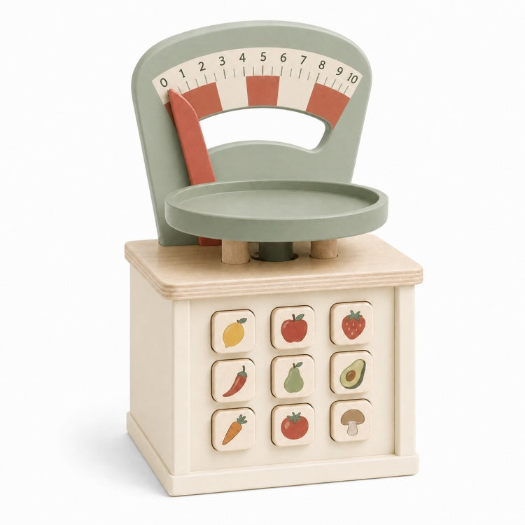 Wooden Market Scale Toy for Kids – Pretend Grocery Weighing & Food Learning Set