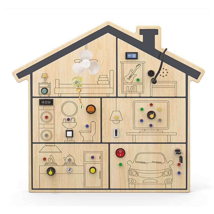 Wholesale Kids Wooden House-Themed Busy Board, OEM Available