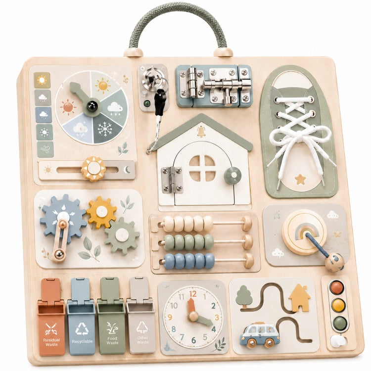 Large Portable Wooden Montessori Busy Board with Carry Handle
