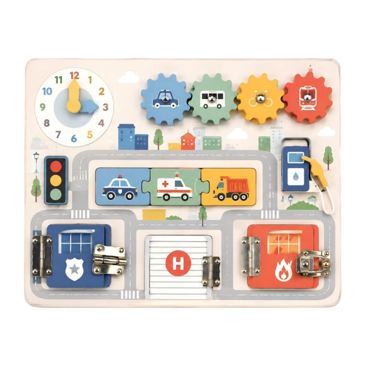 City Traffic Vehicle Themed Wooden Montessori Busy Board