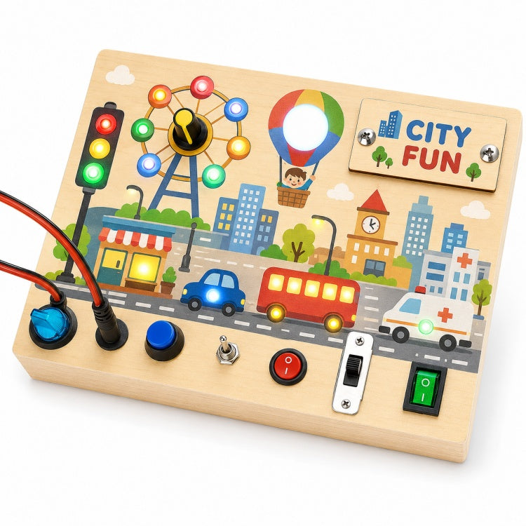 Fire Rescue Wooden Switch Board for Kids – LED Light Busy Board with Buttons & Switches