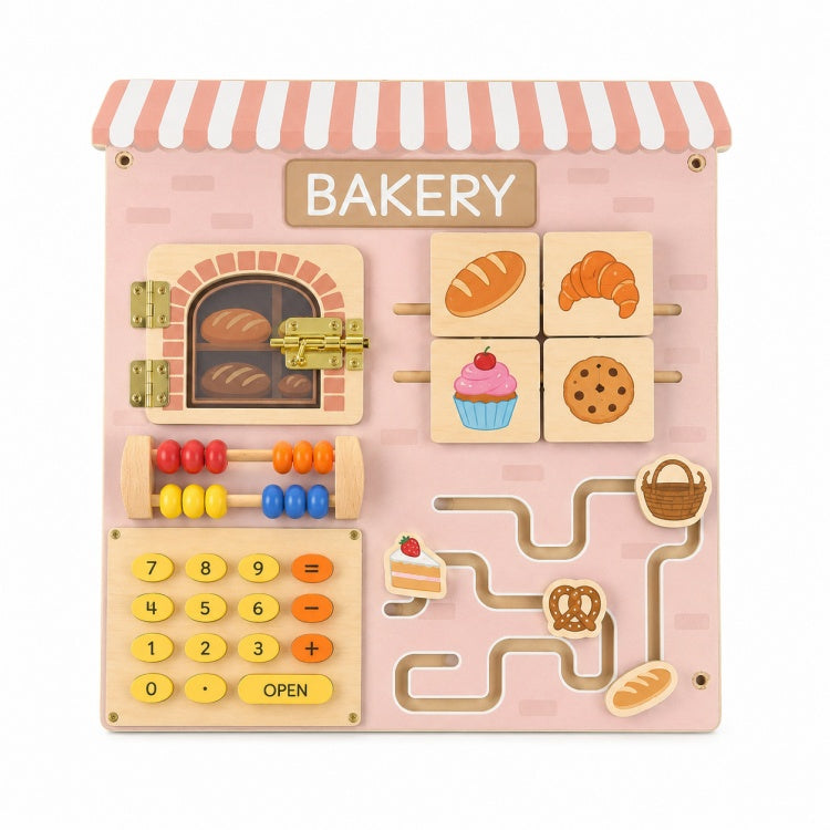 Wooden Bakery Busy Board for Kids – Fine Motor Checkout, Lock & Maze Activity Toy
