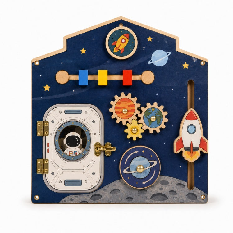 Wooden Space Busy Board for Kids – Rocket, Lock & Gear Fine Motor Activity Toy