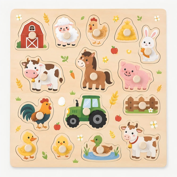 Wooden Farm Animal Peg Puzzle for Toddlers – Montessori Knob Puzzle
