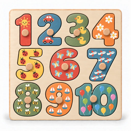 10-Piece Wooden Animal Number Knob Puzzle – Numbers 1–10