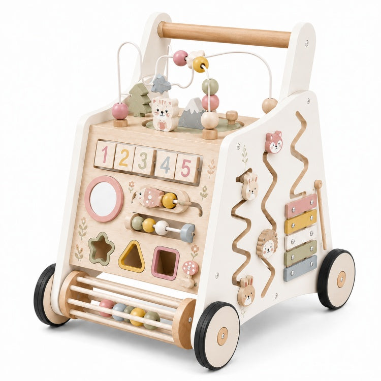 Wooden Activity Walker for Toddlers – Montessori Push Walker with Busy Board