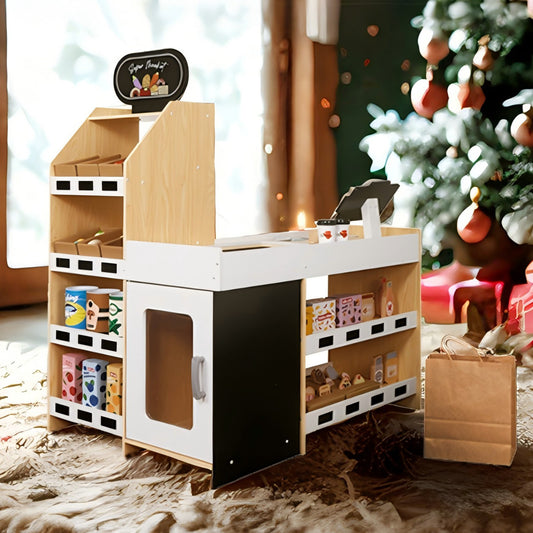 58 PCS Pretend Play Store Toy & Wooden Supermarket Toy with Play Money&Blackboard