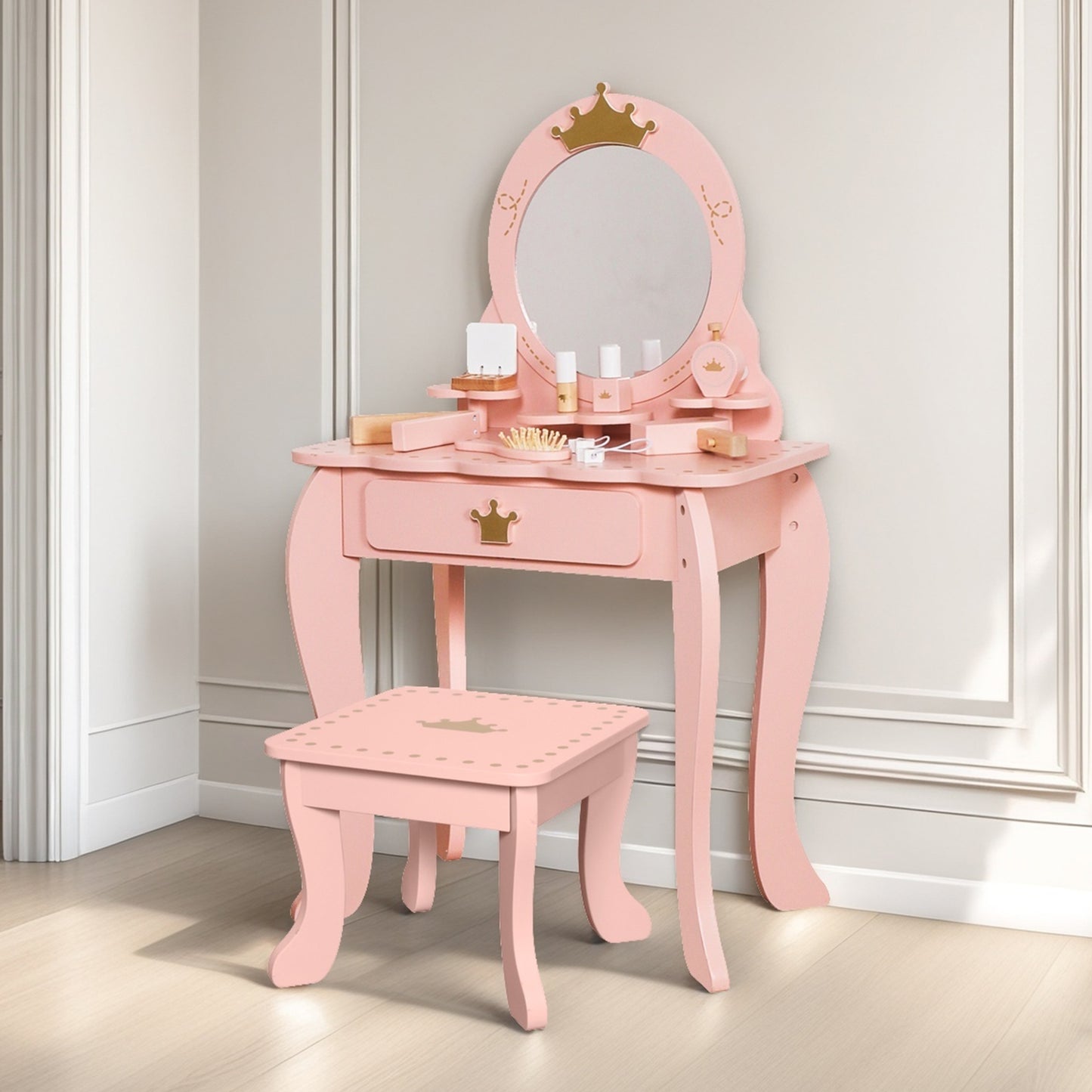 Custom Wooden Kids Dressing Table Manufacturer – Pink Vanity Set Toy with Mirror