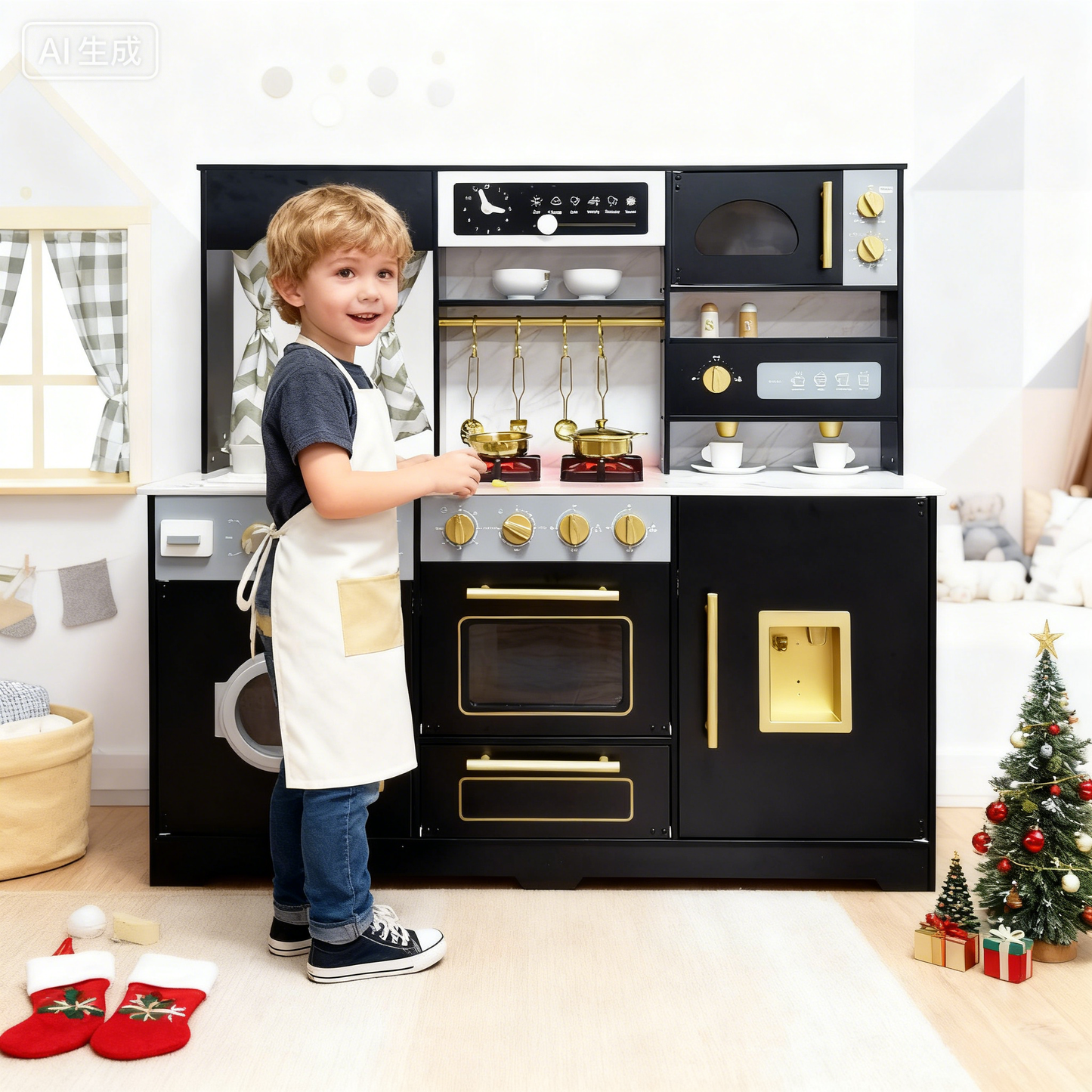 Custom Wooden Play Kitchen – Premium Black Gold Kids Kitchen Toy