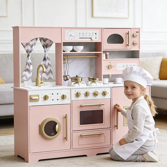 Girls Pink Wooden Play Kitchen with Light & Sound, Toy Sink and Water Dispenser with Real Water
