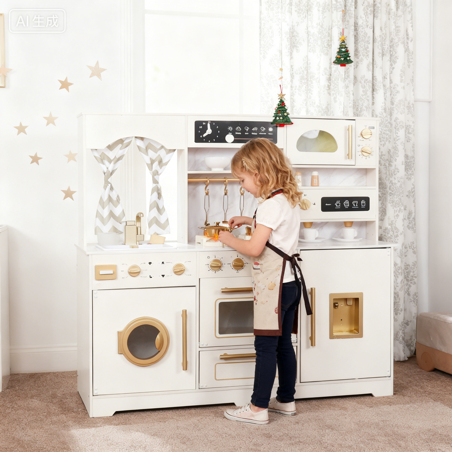 Large White Wooden Play Kitchen Set Sink with Running Water, Stove with Light&Sound