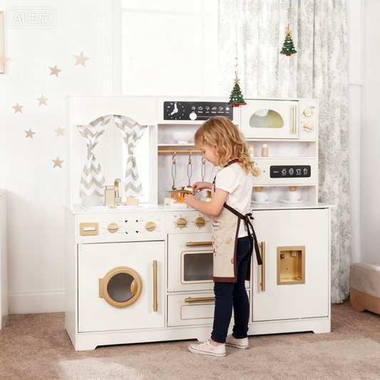 Large White Wooden Play Kitchen Set Sink with Running Water, Stove with Light&Sound