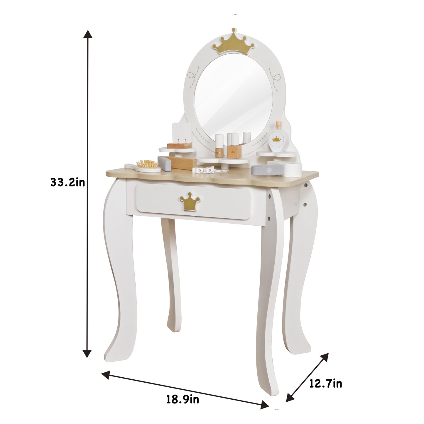 Custom Wooden Kids Dressing Table – Premium White Vanity Set with Crown Mirror