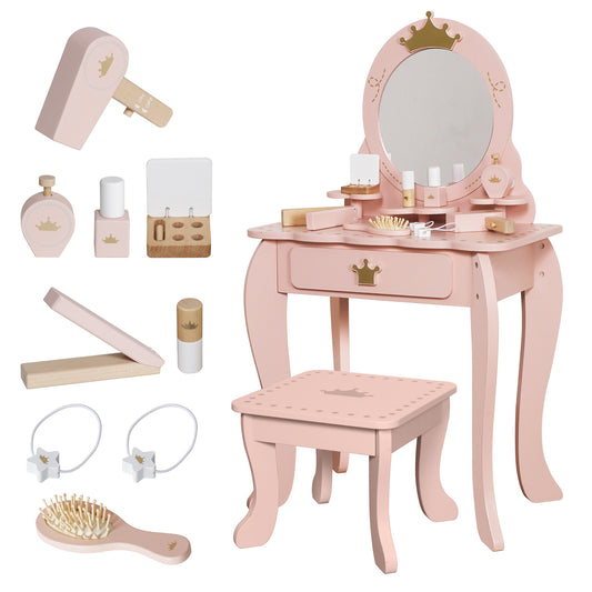 Little Girl Pink Makeup Table with Mirror and Chair,Toddlers Pretend Play Vanity with 9pcs