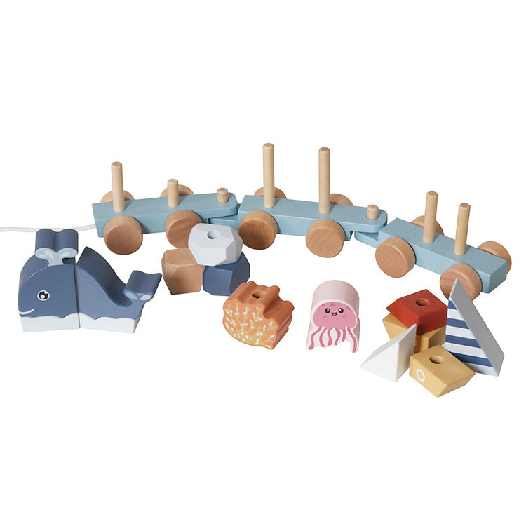Wholesale Kids Wooden Ocean Stacking Train Toy, Pull-Along Educational Toy, OEM Available