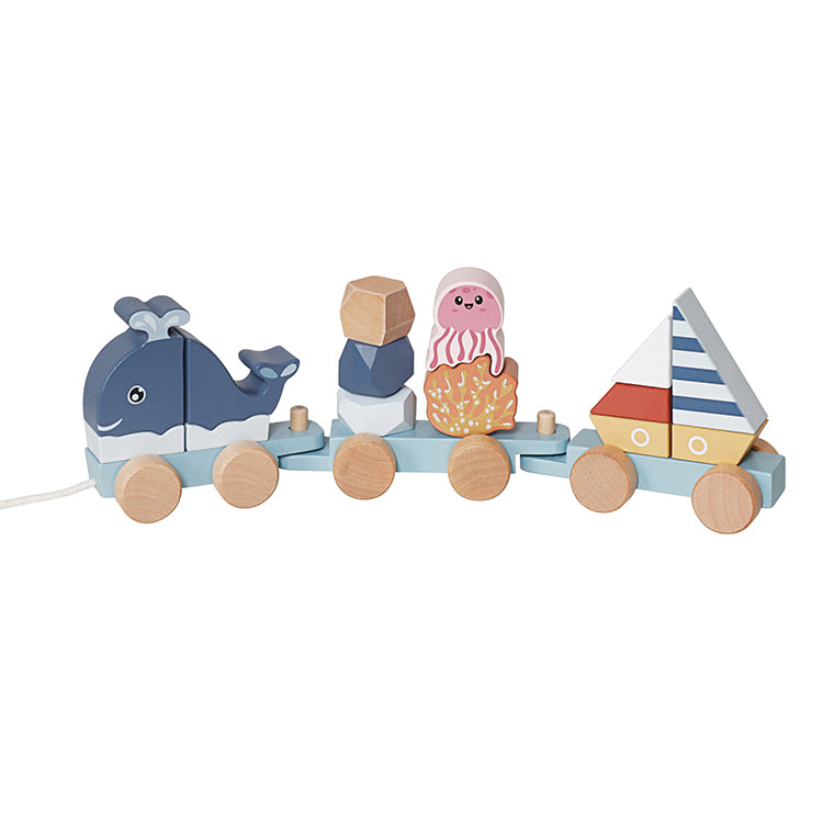 Wholesale Kids Wooden Ocean Stacking Train Toy, Pull-Along Educational Toy, OEM Available