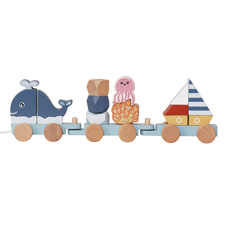 Wholesale Kids Wooden Ocean Stacking Train Toy, Pull-Along Educational Toy, OEM Available