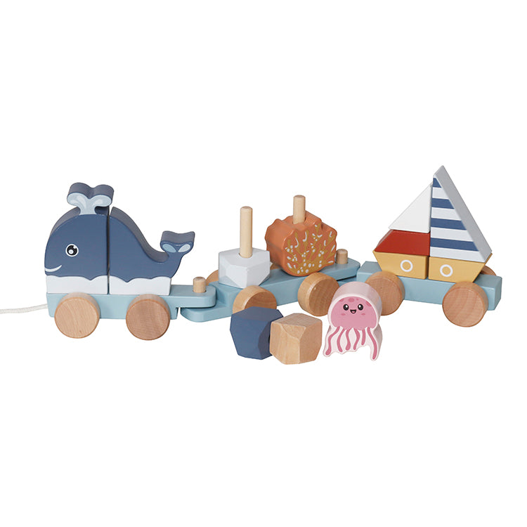 Wholesale Kids Wooden Ocean Stacking Train Toy, Pull-Along Educational Toy, OEM Available
