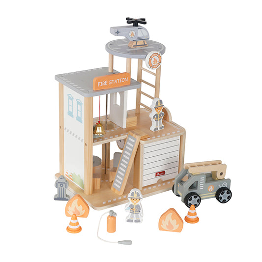 Pretend Firefighter Toy Wooden Fire Station Playset
