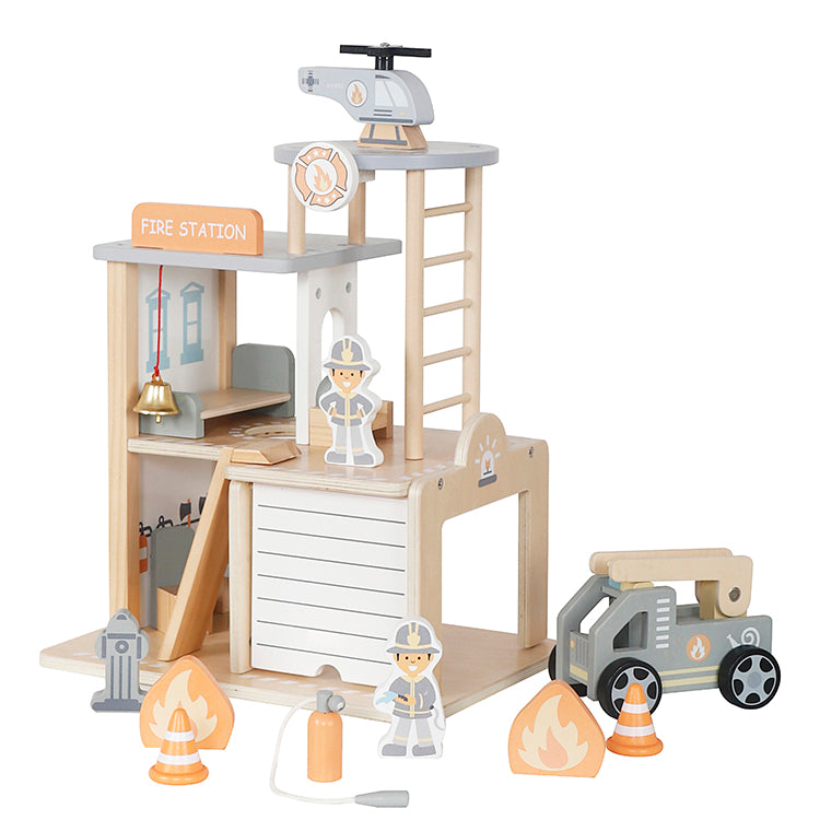 Pretend Firefighter Toy Wooden Fire Station Playset