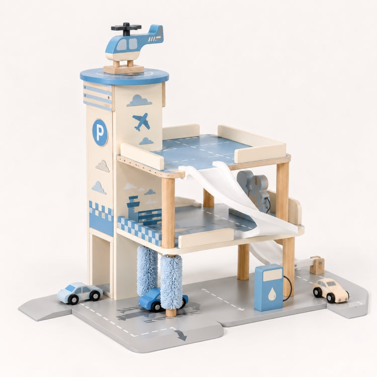 Wooden Parking Garage Toy for Kids – Multi-Level Car Garage with Helicopter & Car Wash