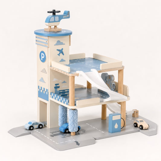 Wooden Parking Garage Toy for Kids – Multi-Level Car Garage with Helicopter & Car Wash