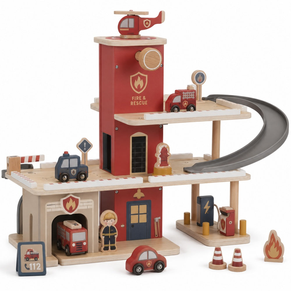 Wooden Harbor Parking Garage Playset with Curved Ramp & Ferry Terminal