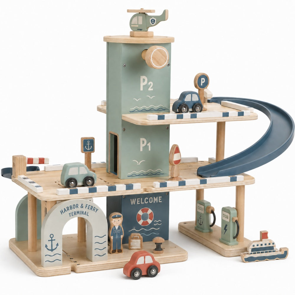 Wooden Harbor Parking Garage Playset with Curved Ramp & Ferry Terminal
