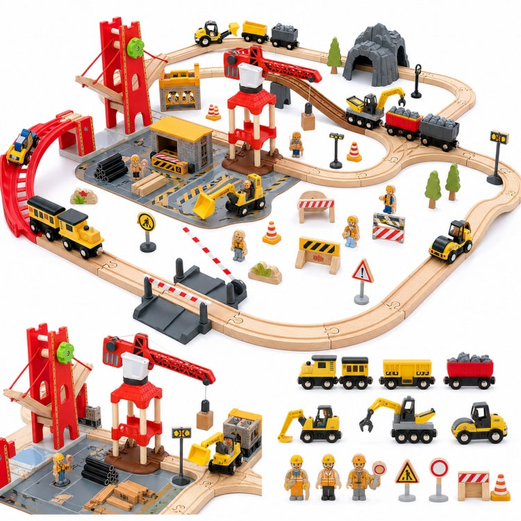 Wooden Construction Train Set for Kids – Railway Track & Building Site Playset