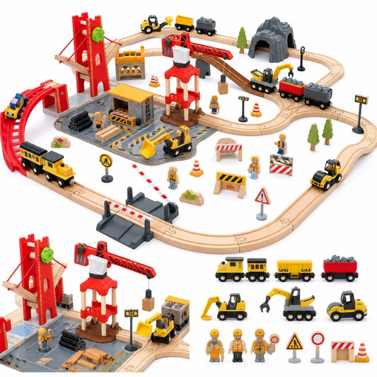 Wooden Construction Train Set for Kids – Railway Track & Building Site Playset