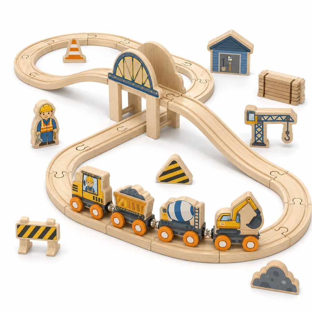 Wooden Dinosaur Train Set with Bridge & Volcano Scenery