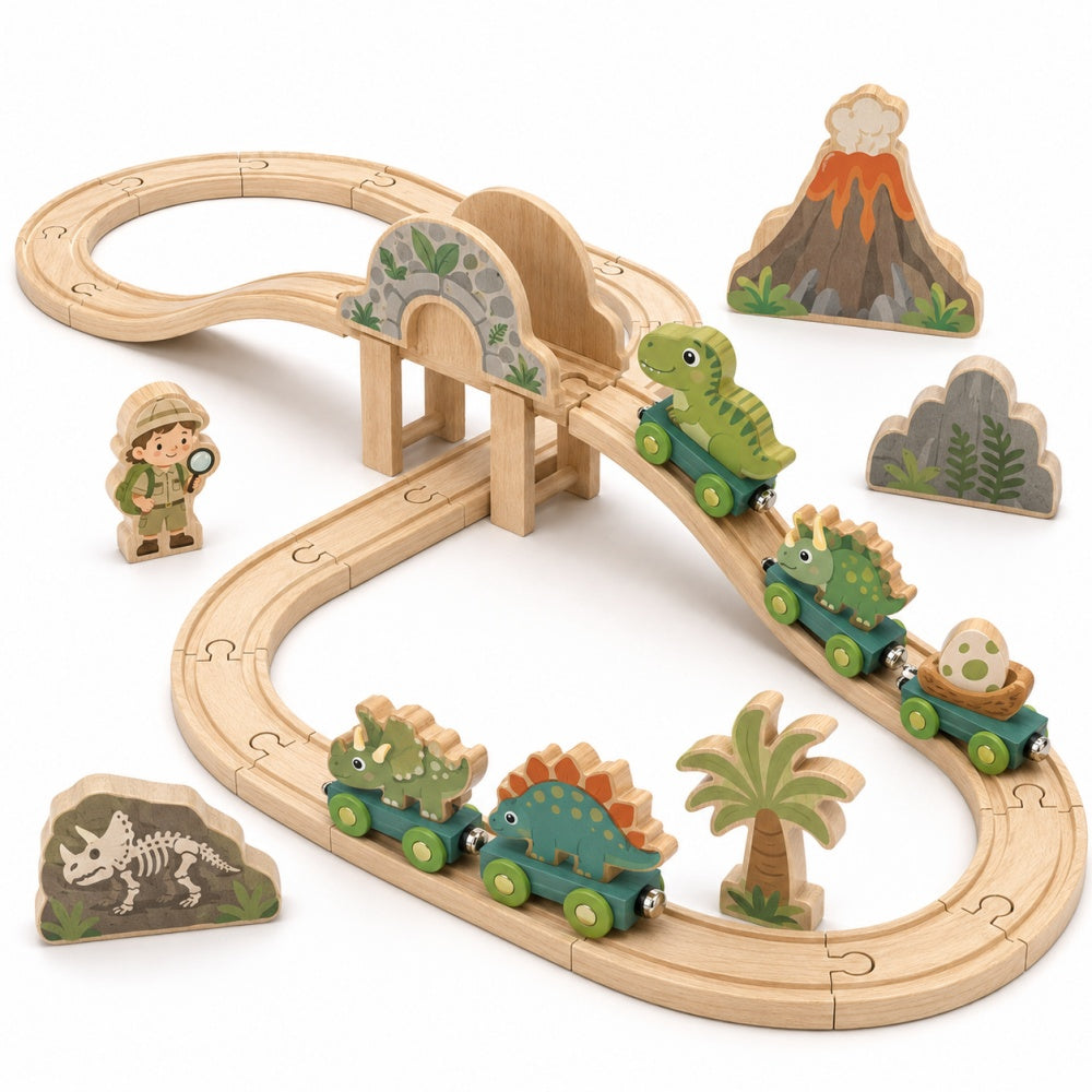 Wooden Dinosaur Train Set with Bridge & Volcano Scenery