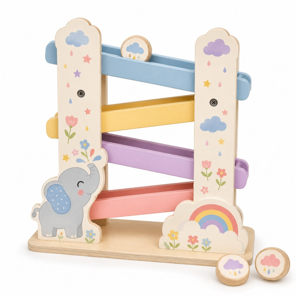 4-Level Wooden Rolling Disc Ramp Toy – Elephant & Rainbow Design